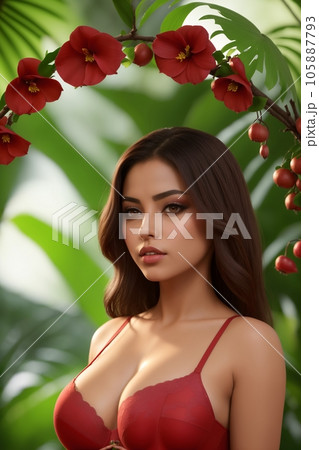 Beautiful girl in red swimsuit posing for advertising in the jungle 105887793
