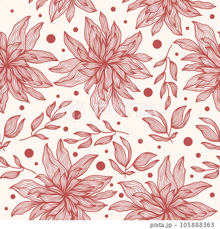 Red Dahlia Flower Pattern with Hand Drawn Style. Seamless Flower Pattern for Fashion, Wallpaper, Wrapping Paper, Background, Print, Fabric, Textile, Apparel, and Card Design Red Dahlia Flower Pattern with Hand Drawn Style. Seamless Flower Pattern for Fashion, Wallpaper, Wrapping Paper, Background, Print, Fabric, Textile, Apparel, and Card Design 105888363