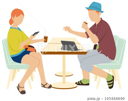 カフェでスマホを使う女性とタブレットを使う男性 105888690