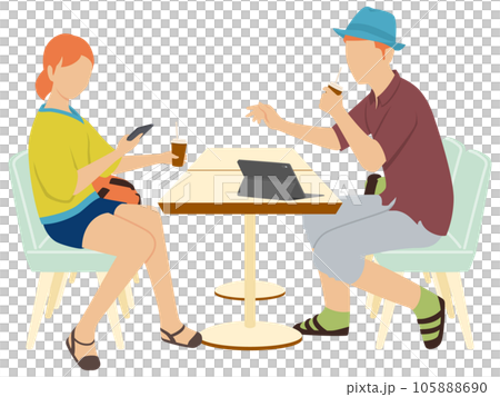 カフェでスマホを使う女性とタブレットを使う男性 105888690