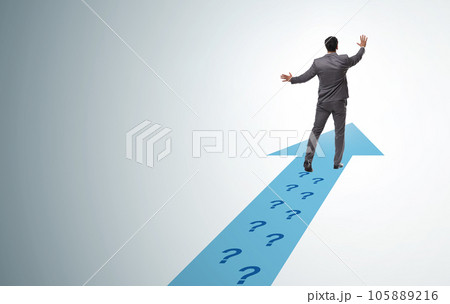 Businessman walking away on question footpath Businessman walking away on question footpath 105889216