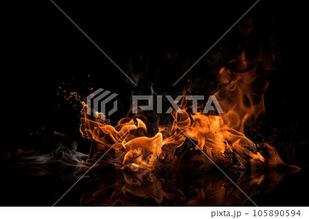 A powerful fire burns on a black background, creating an ominous and dangerous atmosphere. Great for adding drama to your designs. AI Generative. A powerful fire burns on a black background, creating an ominous and dangerous atmosphere. Great for adding drama to your designs. AI Generative. 105890594