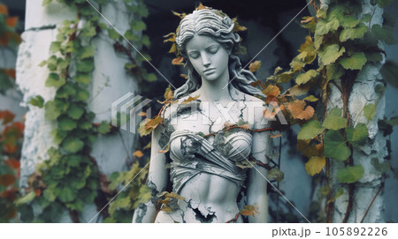 Girl statue of in abandoned park, damaged female sculpture outdoor Girl statue of in abandoned park, damaged female sculpture outdoor 105892226