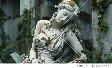 Girl statue of in abandoned park, vintage female sculpture outdoor 105892227