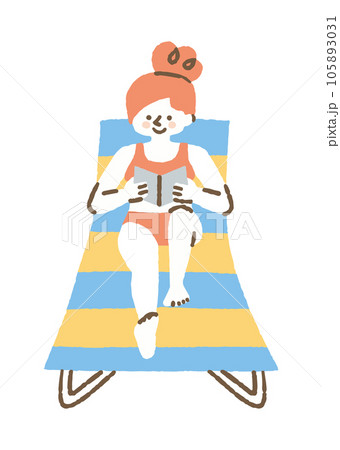 デッキチェアに座って本を読む女性_色 105893031