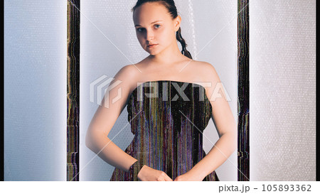 Digital isolation. Personal data protection. Information privacy. Concerned disturbed woman in glitch dress in static noise animation frame. 105893362