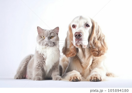 Feline and canine buddies, sitting together with cute paws and furry tails, showing the beauty of animal friendship. AI Generative. 105894180