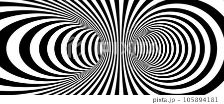 Abstract hypnotic distorted lines background. Black and white vertical tunnel wallpaper. Psychedelic twisted stripes pattern. Horizontal template for posters, banners, cover. Vector optical illusion 105894181