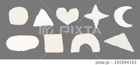 Torn paper set. Geometric shapes with jagged edges. Ripped square, round, triangle, star, heart, arc pieces collection. Textured grunge bundle for collage, text box, banner, sticker, poster. Vector 105894183