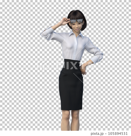 メガネを持ち上げて見るビジネスウーマン　ユニフォーム perming3DCGイラスト素材 105894531