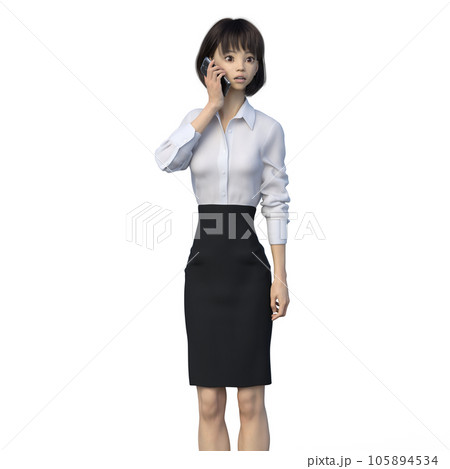 電話を聞いて驚くビジネスウーマン　ユニフォーム perming3DCGイラスト素材 105894534