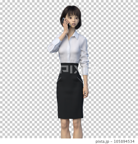 電話を聞いて驚くビジネスウーマン　ユニフォーム perming3DCGイラスト素材 105894534