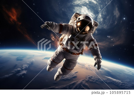 Astronaut in an autonomous space suit in the outer space over the planet Earth Astronaut in an autonomous space suit in the outer space over the planet Earth 105895715