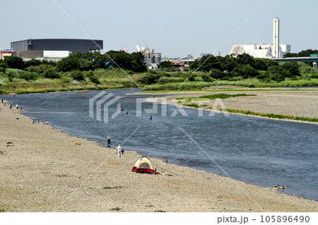 相模川厚木市あゆみ橋上流の初夏のアユ釣り風景 105896490