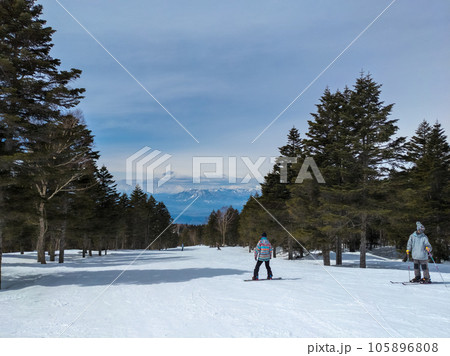森に囲まれた緩傾斜の滑走コース (長野県、竜王スキーパーク) 森に囲まれた緩傾斜の滑走コース (長野県、竜王スキーパーク) 105896808