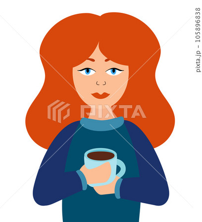 Woman is holding a cup of tea or coffee in her hands. The pleasure of a hot drink. Red hair girl. Vector flat illustration. 105896838