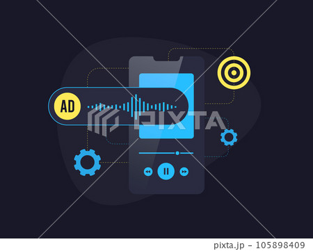 Monetize audio content with audio advertising concept illustration. Selling and insertion of programmatic audio ads in media content - podcasts, streaming music, digital radio Monetize audio content with audio advertising concept illustration. Selling and insertion of programmatic audio ads in media content - podcasts, streaming music, digital radio 105898409
