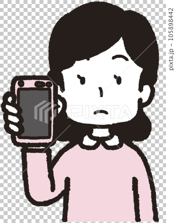 Upper body illustration of a woman holding a smartphone on her right hand 105898442