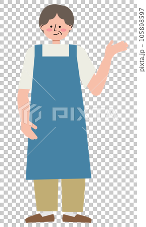 エプロンをした年配女性が案内しているイラスト 105898597