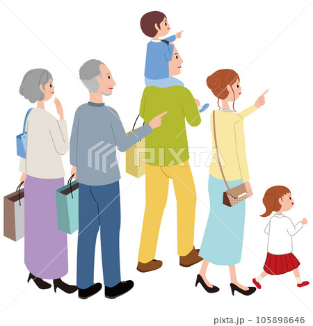 アイソメ　3世代家族でおでかけ　背中から 105898646