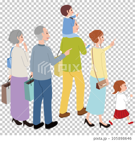 アイソメ　3世代家族でおでかけ　背中から 105898646