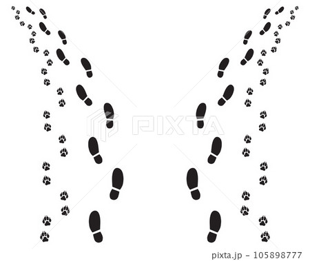 Black footprints of man and dog, turn left or right Black footprints of man and dog, turn left or right 105898777