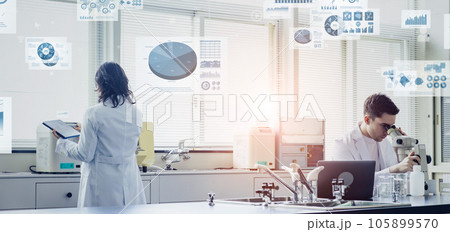 ラボで研究する人々とデジタルデータイメージ 105899570