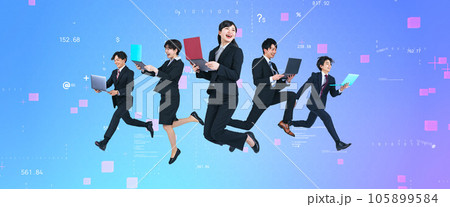 ジャンプするPCを持った若いビジネスパーソンのグループとデジタルデータイメージ 105899584