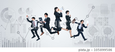 ジャンプする若いビジネスパーソンのグループと統計データイメージ 105899586