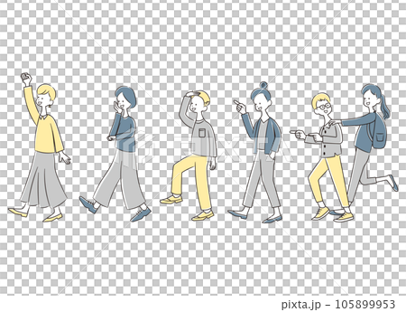仲良く歩いているベンチャー企業の社員の人達のイラスト素材 105899953