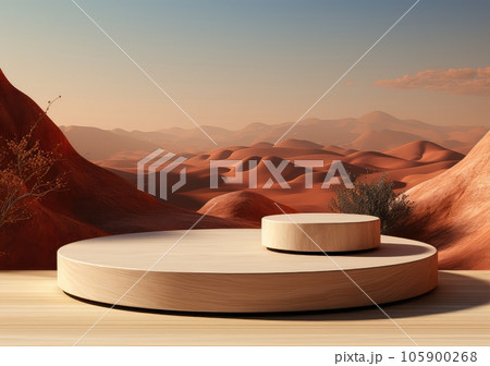 Round wooden saw cut cylinder shape on beige background abstract background. product podium with architecture columns on warm tone. AI Generative 105900268