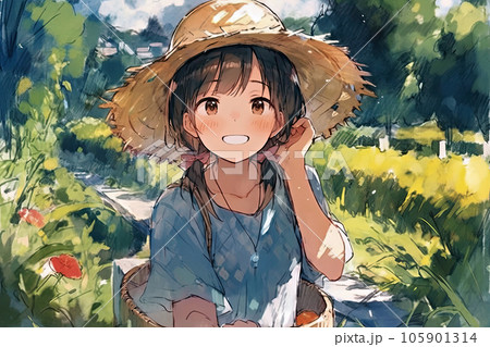 麦わら帽子を被ったかわいい女の子のイラスト素材 [105901314] - PIXTA