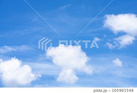 Beautiful blue sky and white cumulus clouds abstract background. Cloudscape background. Blue sky and fluffy white clouds on sunny days. Beautiful blue sky. World Ozone Day. Ozone layer. Summer sky. 105901548