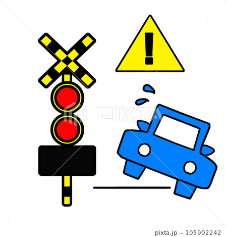 線路内で脱輪する自動車のイラスト。踏切トラブルの表示 105902242