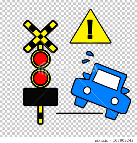 An illustration of a car running off the track. Indication of railroad crossing trouble 105902242
