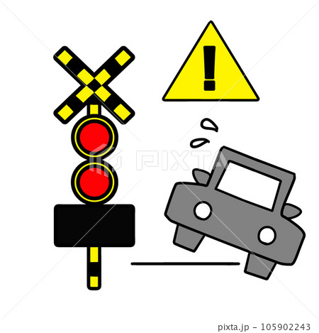 線路内で脱輪する自動車のイラスト。踏切トラブルの表示 線路内で脱輪する自動車のイラスト。踏切トラブルの表示 105902243
