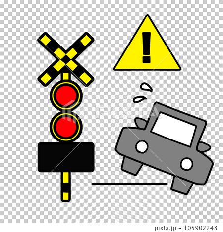 線路内で脱輪する自動車のイラスト。踏切トラブルの表示 線路内で脱輪する自動車のイラスト。踏切トラブルの表示 105902243