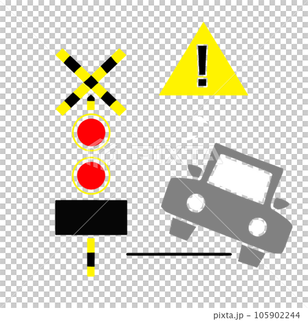 線路内で脱輪する自動車のイラスト。踏切トラブルの表示 105902244
