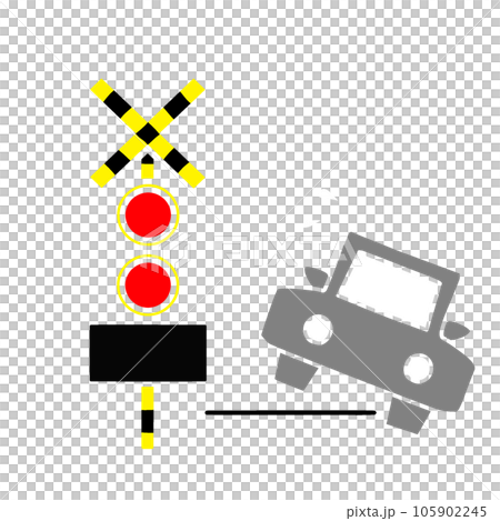 An illustration of a car running off the track. Indication of railroad crossing trouble 105902245