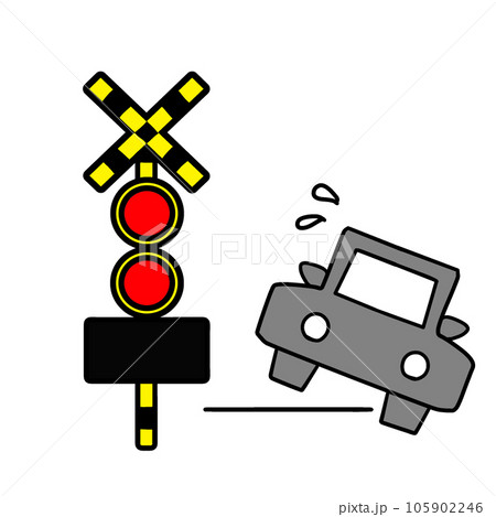 線路内で脱輪する自動車のイラスト。踏切トラブルの表示 線路内で脱輪する自動車のイラスト。踏切トラブルの表示 105902246