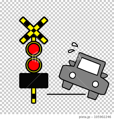線路内で脱輪する自動車のイラスト。踏切トラブルの表示 線路内で脱輪する自動車のイラスト。踏切トラブルの表示 105902246