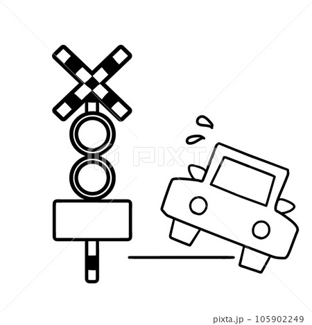線路内で脱輪する自動車のイラスト。踏切トラブルの表示 線路内で脱輪する自動車のイラスト。踏切トラブルの表示 105902249