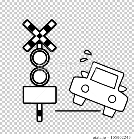 An illustration of a car running off the track. Indication of railroad crossing trouble 105902249