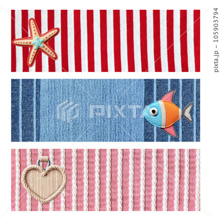 Set of vintage travel horizontal banner with felt fish and starfish, rope heart tag on a striped and denim fabric background. Collection of nautical vacation tag, badge, label Set of vintage travel horizontal banner with felt fish and starfish, rope heart tag on a striped and denim fabric background. Collection of nautical vacation tag, badge, label 105903794