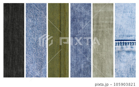 Set of vertical or horizontal banners with denim texture of different colors. Light blue, black, grey, green and navy color denim jeans fabric material. Copy space for text 105903821