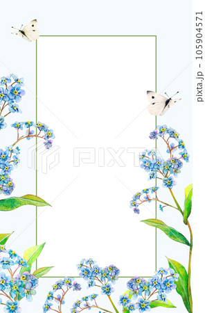 Field forget-me-not watercolor rectangle frame from delicate flowers and butterflies hand-drawn on light-blue background. Meadow wildflowers botany painting with white center for invitations, sticker 105904571