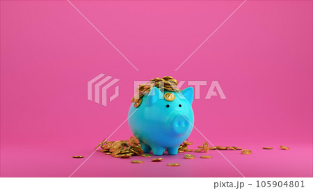 Teal Piggy Bank on pink background and golden coins 3d render 105904801