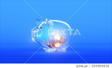Transparent Piggy Bank on teal background and golden coins 3d render Transparent Piggy Bank on teal background and golden coins 3d render 105904810