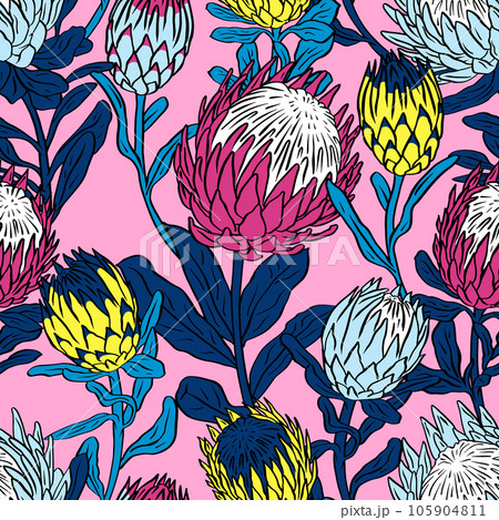 Seamless pattern with protea flowers on pink background Seamless pattern with protea flowers on pink background 105904811