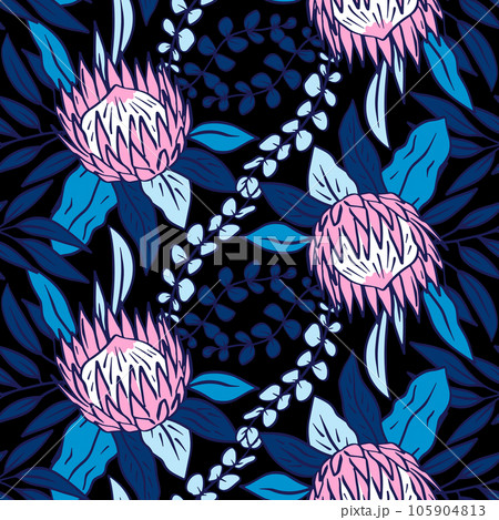Seamless pattern with protea flowers on black background Seamless pattern with protea flowers on black background 105904813